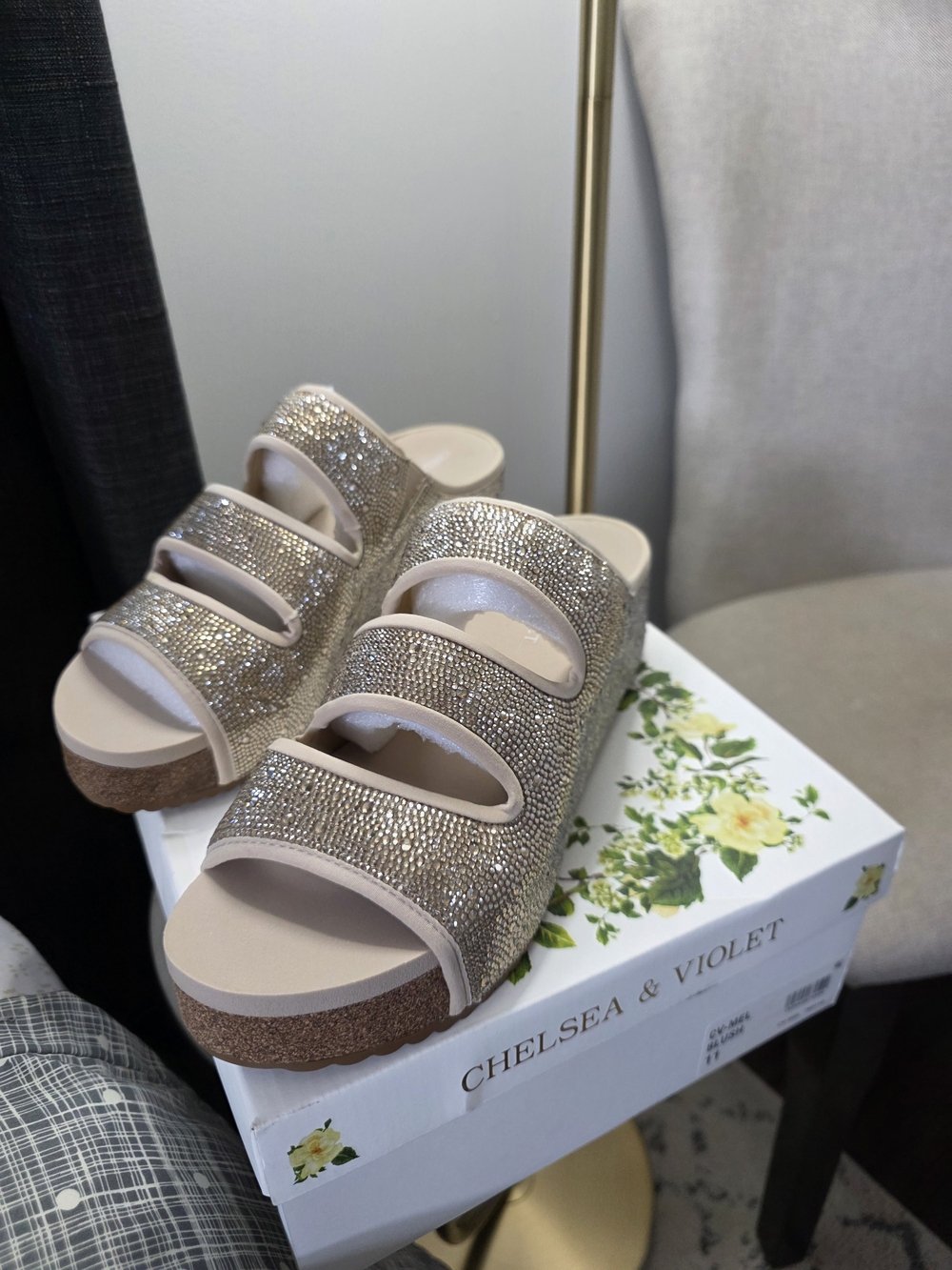 Chelsea & Violet Women's Glitter Slide Sandals in Champagne